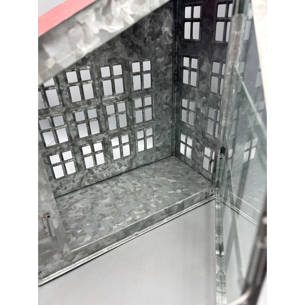 Galvanized Metal House Lantern Red‎ Roof Chimney Window Panes Rustic Farmhouse
